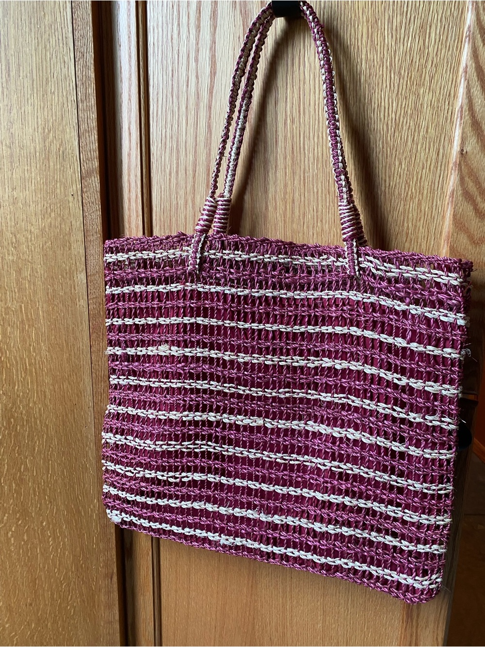 Striped Raspberry & Cream Woven Tote Bag